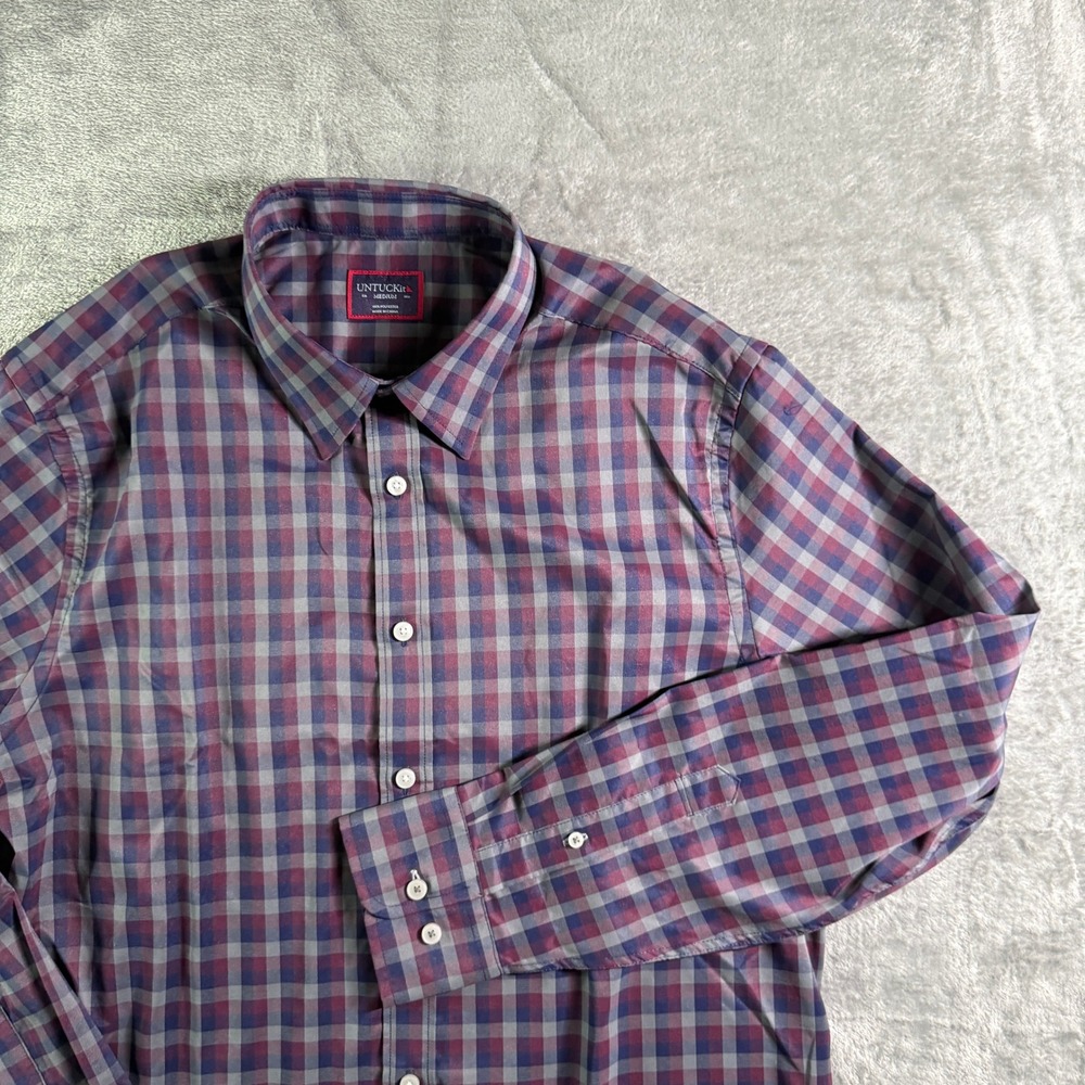 UNTUCKIT Plaid Polyester Shirt Button Up Long Sleeve Casual Gray Red Blue Medium